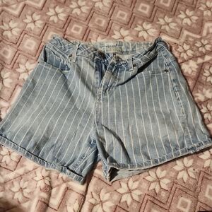 Blue and White Striped Denim Shorts